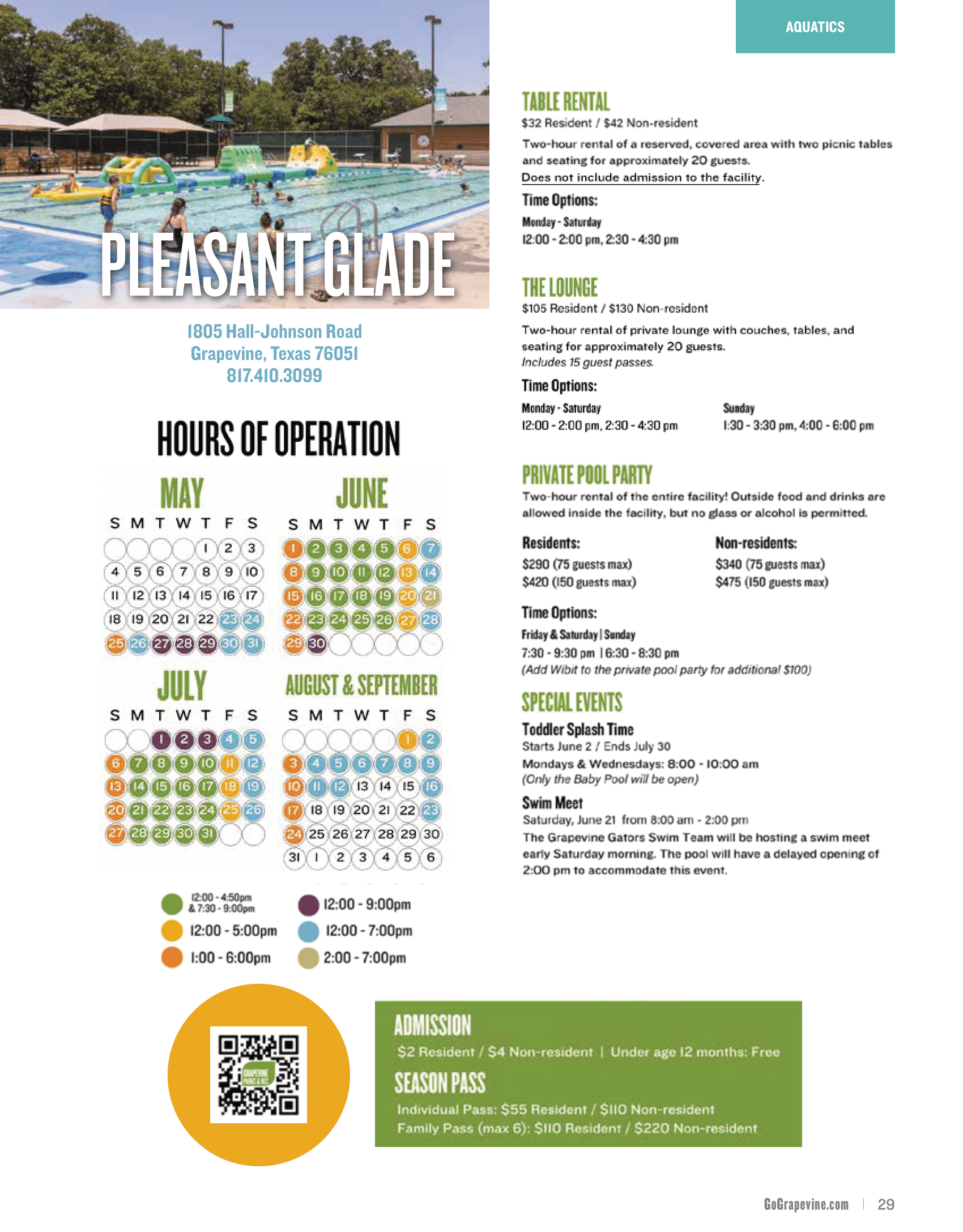 Pleasant rental information sheet with pricing